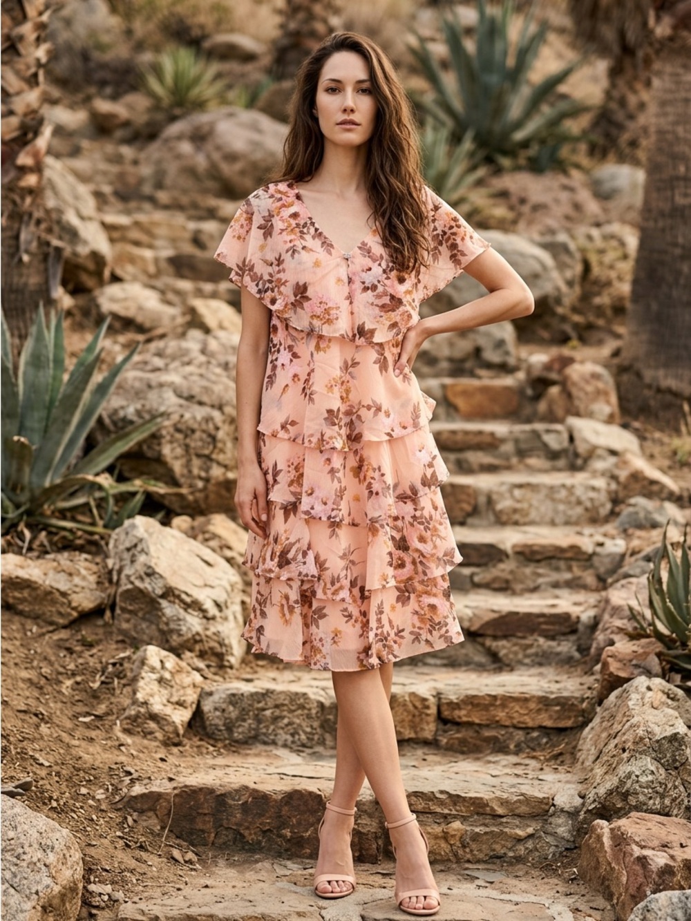 SLNY Peach Floral Tiered Ruffle Midi Dress